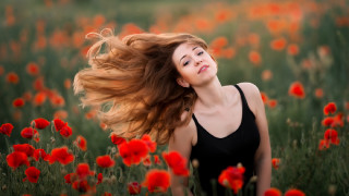Woman long hair flower field 5 - flowing free wallpaper