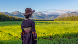 Woman hat field mountains clouds - the background and a sky free wallpaper for desktop