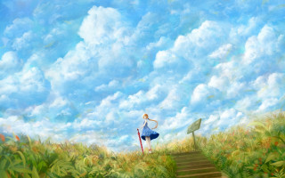 Woman stairs field blue sky - a set of stairs free wallpaper for desktop