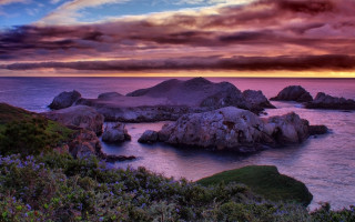 Sunset rocky beach water bushes 2 - colorful cloud free wallpaper