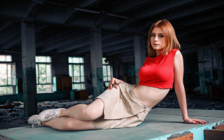 Woman red top tan skirt - skirt free wallpaper