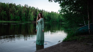 Woman lake boat trees forest - pre free wallpaper