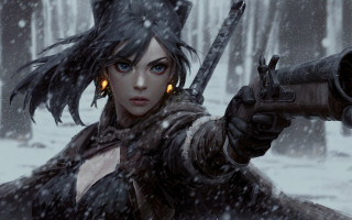 Woman gun snowy forest fantasy - her head and a hat free wallpaper
