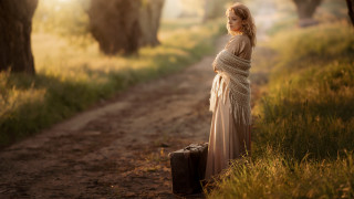 Woman dress suitcase forest autumn - a suitcase in front free wallpaper