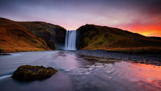 Waterfall red sky rock foreground - waterfall free wallpaper for desktop