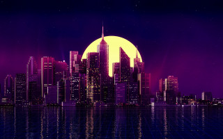 City skyline fullmoon purple sky - synthwave style free wallpaper