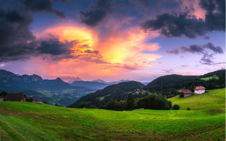 Sunset green valley house mountains - colorful cloud free wallpaper