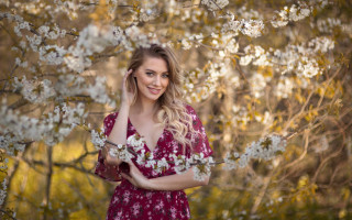 Red dress woman flowers smiling - white flower free wallpaper