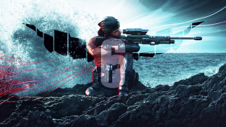 Man gun rock ocean wave - key art free wallpaper