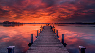 Sunset dock lake clouds cityscape - lake free wallpaper