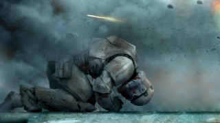 Man kneeling explosion smoke debris - cinematic concept art free wallpaper