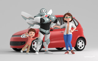 Woman red car robot motorcycle - diego gisbert llorens free wallpaper