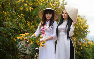 Two women long dresses hats - dai xi free wallpaper