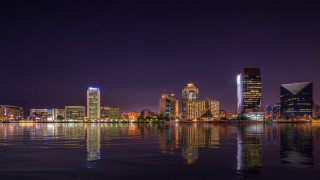 City skyline night water bridge - panoramic view free wallpaper