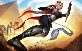 Woman sword desert elf sunset - a black outfit holding free wallpaper