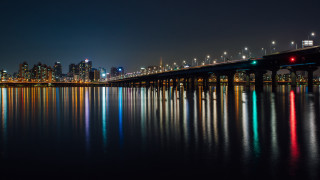Bridge cityscape nightlights reflections holography - choi buk free wallpaper