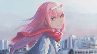 Pink hair cityscape scarf smiling - temporary free wallpaper for desktop