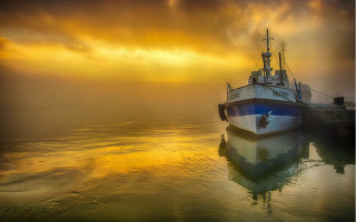 Sunset boat matte painting misty - sunset time free wallpaper