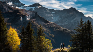Mountain hiking waterfall forest lake - two person free wallpaper for desktop