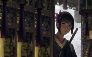 Woman sword flower kimono architecture - a ladder free wallpaper