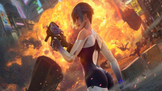 Woman fire city battle autumn - a gun in front free wallpaper