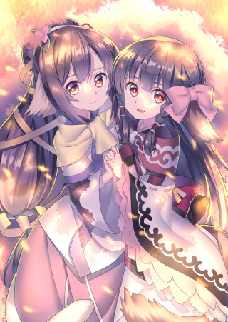 Anime girls hugging sky background - aimitsu free wallpaper for mobile