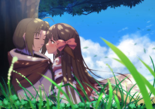 Anime characters kissing under tree - growing free wallpaper