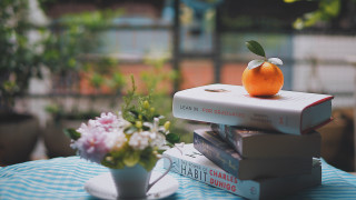Stack books orange vase flowers - bright studio setting free wallpaper