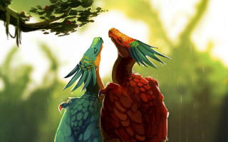 Birds under tree rain fantasy - one bird free wallpaper