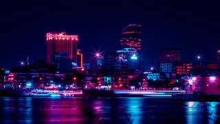 City skyline night reflection neon - cui bai free wallpaper for desktop