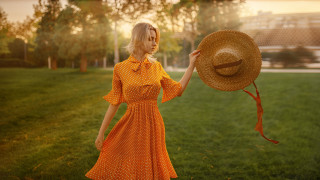 Orange dress hat field trees - artur tarnowski free wallpaper