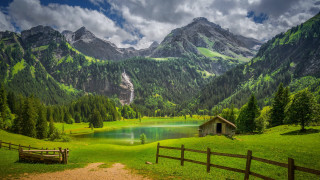 Green cabin mountains lake landscape - a green field free wallpaper for desktop