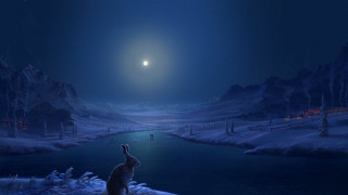 Cat snow moon stars river - full moon free wallpaper