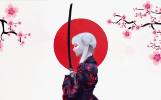 Woman kimono sword cherryblossom redmoon 2 - a red circle free wallpaper