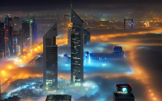 City fog night skyscrapers embers - afrofuturism free wallpaper