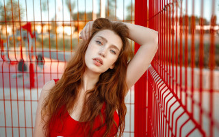 Red dress woman fence portrait - chernik free wallpaper for desktop