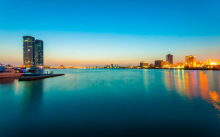 City skyline dusk bridge lake - cui bai free wallpaper