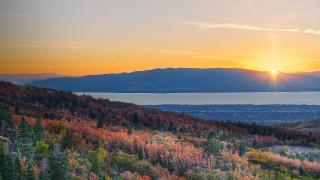 Sunset mountain lake trees horizon - the foreground and mountains free wallpaper