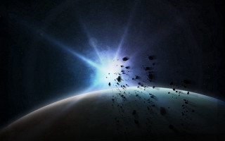 Rocks dark sky bright light - a distant object in the distance free wallpaper