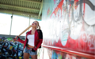 Woman baseballbat graffitibackground redjacket blonde - a red jacket free wallpaper