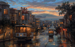 Trolley car city night autumn - kinkade free wallpaper