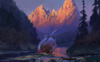 Mountain lake boat forest sky 2 - art greg rutkowski free wallpaper