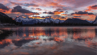 Lake mountain sunset clouds trees 4 - a mountain range in the background free wallpaper