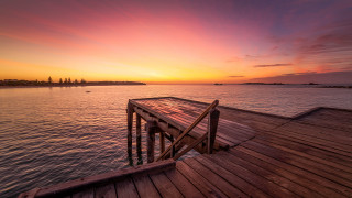 Wooden dock sunset boat mountain - a wooden dock free wallpaper