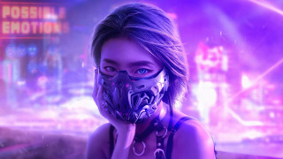 Cyberpunk woman neon purple mask - free cyberpunk wallpaper