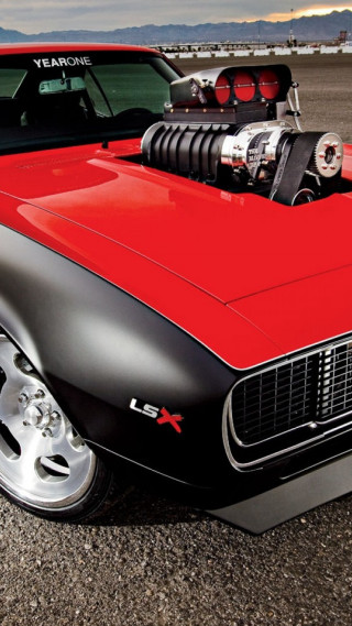 Red black car large engine - the hood and hood free wallpaper
