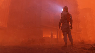 Man foggy building redlight military - retrofuturism free wallpaper
