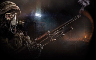 Man gasmask gun darkroom backlight - overhead free wallpaper