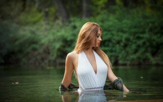 Woman water white dress elina - river free wallpaper for desktop