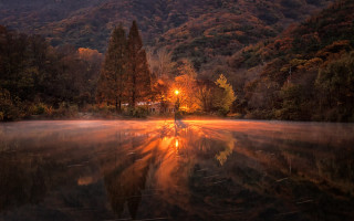 Lake mountain forest embers fire - atmospheric free wallpaper